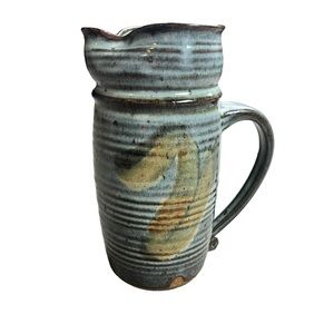 Vintage studio pottery stoneware pitcher ribbed finish‎ drip glaze